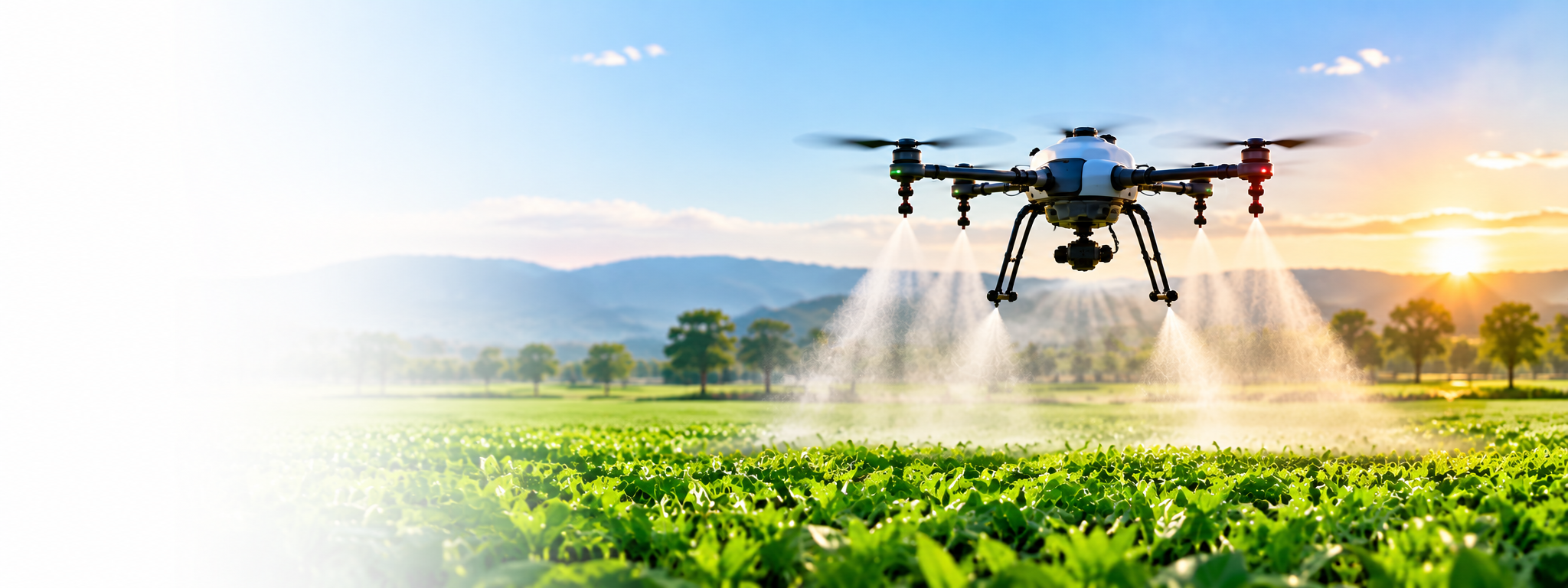 Agricultural drone precision spraying over green farm field