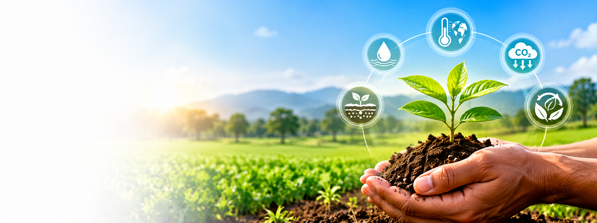 Farmer hands holding fertile rich soil with growing sapling