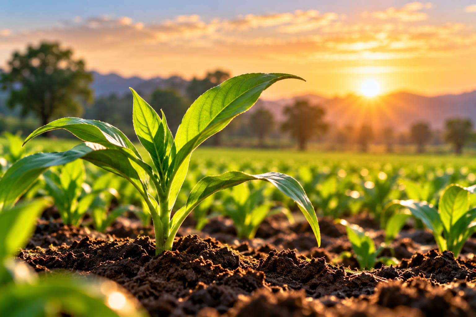 Young healthy agricultural crop seedlings in soil