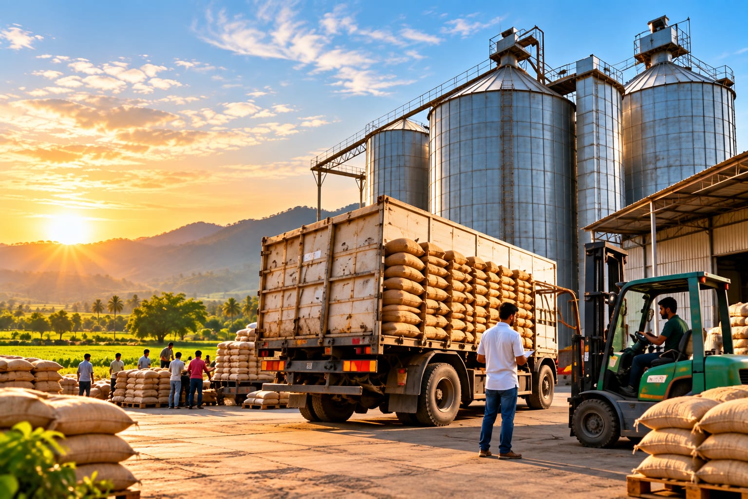 Modern grain storage silos and freight logistics truck
